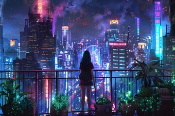 Canvas Print - Image Description: A cyberpunk girl overlooking an urban neon city, Anime, Character Design, Concept Art, Beautiful Girl, Stock Illustration