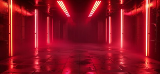 Canvas Print - A sci-fi futuristic neo triangle laser electric cyber glowing bunker with red lights stage garage accomodation hanger hallway corridor tunnel basement club 3D model.