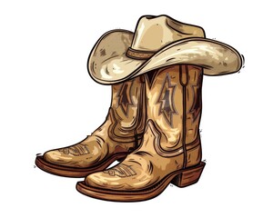 Cowboy Cartoon. Isolated Illustration of Cowboy Hat and Boots on Retro Wild-West Background