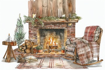 Cozy rustic fireplace scene with a rocking chair, blankets, and festive decorations, perfect for a warm and inviting winter or holiday atmosphere.