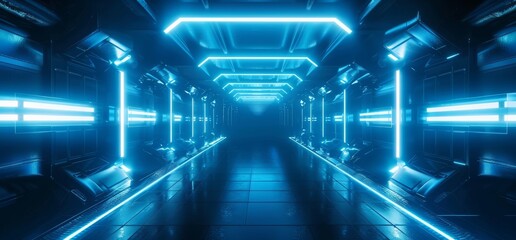 Poster - Modern Neon Laser Fluorescent Tubes Tunnel Corridor Blue Glowing Metal Reflecting Floor Concrete Walls Futuristic Underground Room Garage Empty Background Arc Lights 3D Render