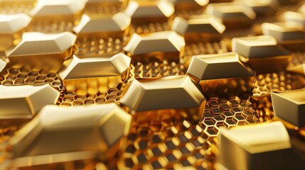 Poster - A mosaic background with golden hexagons on a polygonal surface. Illustration in 3D.