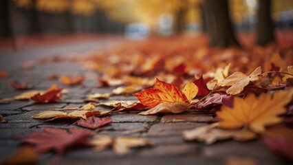 Wall Mural - Close up of fallen autumn leaves on cobblestone path