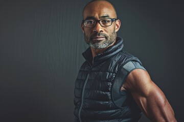 Wall Mural - Portrait of a merry man in his 40s wearing a lightweight running vest on blank studio backdrop