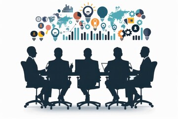 Poster - Silhouette of business people in a meeting with infographics, global data analysis, and lightbulb icons representing ideas and discussions.
