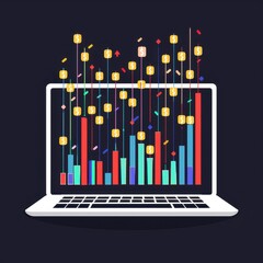 Poster - Laptop screen displaying colorful bar graphs and symbols, representing data analysis, statistics, and financial growth concepts.