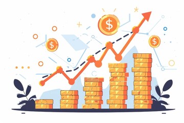 Aufkleber - Illustration of increasing stacks of coins with an arrow, representing financial growth and success.