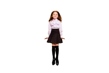 Poster - Full length photo of lovely kid jumping have free time isolated beige background