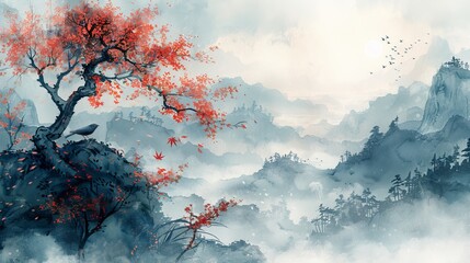 An ink painting in blue on a graphic poster for a web page PPT background
