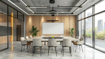 Wall Mural - Conference room with both in-person and virtual attendees 