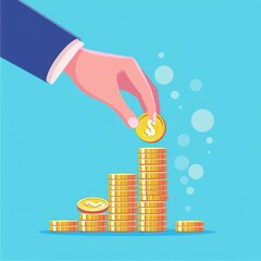 Poster - Illustration of a hand stacking gold coins with dollar signs, symbolizing financial growth and investment on a blue background.