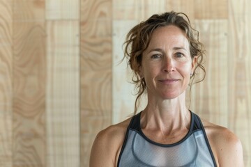 Sticker - Portrait of a satisfied caucasian woman in her 40s sporting a breathable mesh jersey on light wood minimalistic setup