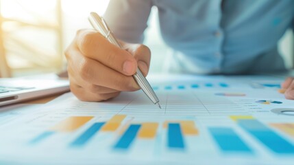 Poster - hand holding a pen analyzing charts and graphs. business person working on business report with data