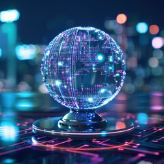 Aufkleber - Futuristic digital globe with vibrant neon lights and technological elements in a cityscape background, symbolizing global connectivity.