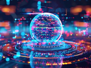Leinwandbilder - Futuristic digital globe with vibrant multicolor lights and data visualization, representing innovation and technology in a cybernetic world.