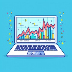 Poster - Colorful laptop displaying growth charts and bar graphs, symbolizing data analytics, business growth, and success on a blue background.