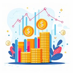 Poster - Colorful financial growth illustration with stacked coins, dollar signs, and upward trending graph. Perfect for economics and investment themes.