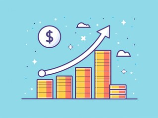 Poster - Colorful financial growth chart with upward arrow, increasing bar graph, and dollar symbol on blue background. Business success concept.