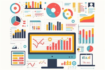 Leinwandbilder - Colorful data visualization dashboard with charts, graphs, and graphs on a computer screen for analytics and presentation purposes.