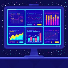 Poster - Colorful digital analytics dashboard on a computer monitor displaying various statistical charts and graphs against a starry background.