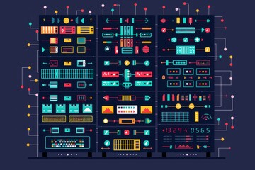 Leinwandbilder - Colorful data center server racks with vibrant connections and indicators, illustrating network infrastructure and digital technology.