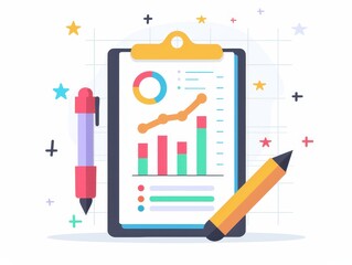 Poster - Colorful business clipboard with financial charts, graphs, and statistics, accompanied by a red pen and pencil on a white background.
