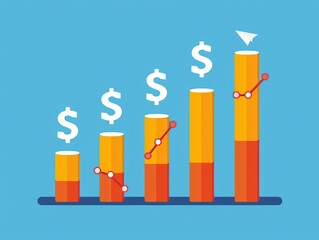 Poster - Colorful bar graph with dollar signs representing financial growth on a blue background. Ideal for business, finance, and investment themes.