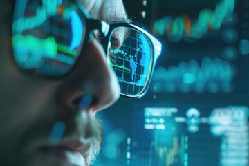 Poster - Close-up of person with glasses reflecting financial graphs, showcasing data analysis and stock market trends on digital screens, focused expression.