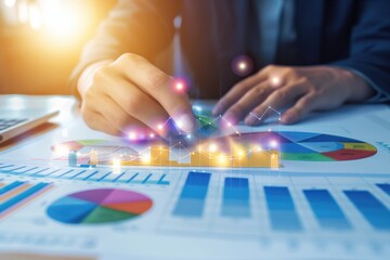 Poster - Business professional analyzing data charts with digital graphics overlay, representing financial growth, statistics, and performance review.
