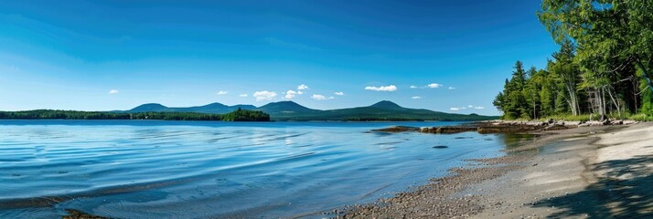 Canvas Print - Maine Landscape. Panoramic View of Rangeley Lakes Region with Water, Beach, and Nature Scenery