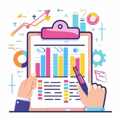 Poster - Business analysis concept illustrating hands holding clipboard with charts, graphs, and data. Ideal for finance and marketing visuals.