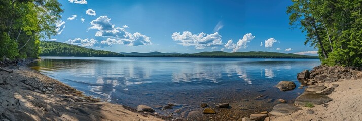 Canvas Print - Maine Landscape. Panoramic View of Rangeley: Lakes, Trees, and Blue Sky