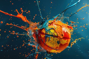 Poster - Dynamic image of a basketball with an explosive splash of vibrant colors