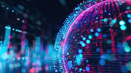 Poster - Abstract digital globe with neon lights and data points representing global connectivity and futuristic technology.