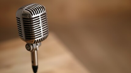 Shiny retro microphone on a wooden table, close-up shot with a blurred background, high-resolution, no people, space for text, focus cover all object, deep dept of field