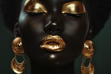 Black woman with golden makeup and earrings on dark background