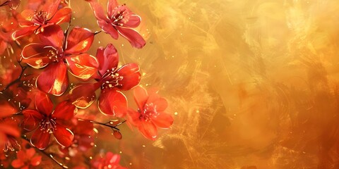 Wall Mural - Red abstract flowers on golden background embodying Metamodernism in digital era. Concept Abstract Art, Red Flowers, Golden Background, Metamodernism, Digital Era