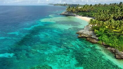 Aufkleber - An aerial view of a tropical coastline, showcasing a white sandy beach, lush green palm trees, and crystal-clear turquoise waters.