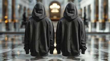 Two hooded figures standing side by side in a grand hall - Generative AI