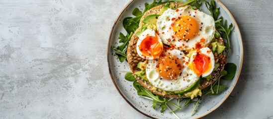 Canvas Print - Top view of an avocado toast bun with eggs on a plate against a light stone background with ample copy space image