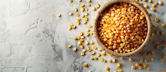 Sticker - A bird s eye view of corn kernels in a bowl with copy space image against a light gray backdrop