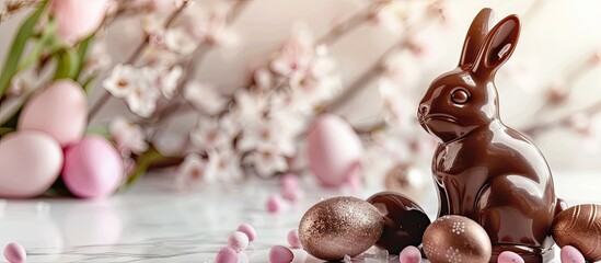 Poster - An Easter chocolate bunny on a white background surrounded by chocolate eggs and sweets symbolizing Easter celebration all displayed on a table with room for text Copy space image