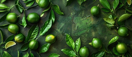 Poster - Overhead view of ripe limes with leaves on a vintage backdrop providing copy space for text in the image