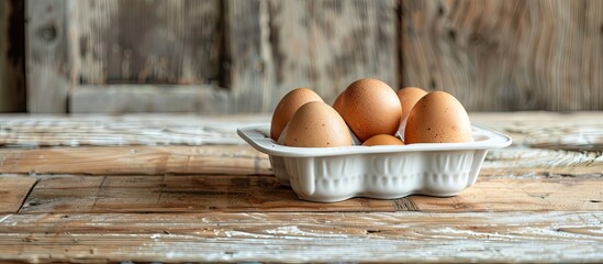 Sticker - Rustic still life with brown raw eggs in a reusable porcelain holder on a wooden table Includes a white ceramic tray for a clean natural look with copy space image