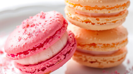 Wall Mural - Macaroons, a delightful dessert, consist of two colorful almond cookies filled with a sweet, creamy filling. They are often served as a special treat or at celebratory occasions.