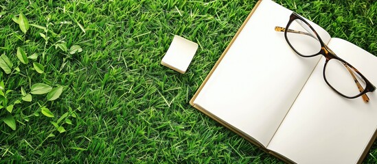 Poster - a blank book and glasses placed on grass with a space for additional text in the image