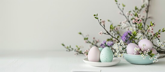 Canvas Print - Easter themed table arrangement with an empty label on a white backdrop along with a copy space image