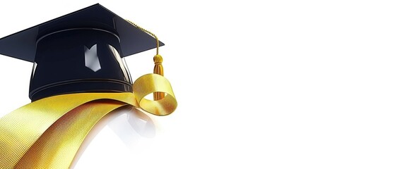 Graduation cap with a gold ribbon and plenty of copyspace on a white background