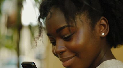 Wall Mural - Happy young African American woman looking at cellphone in close up side portrait