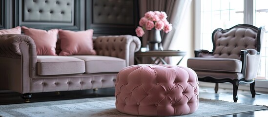 Canvas Print - Incorporating pink poufs with decorative buttons tastefully enhances the aesthetic of a home interior creating an elegant ambiance with a copy space image